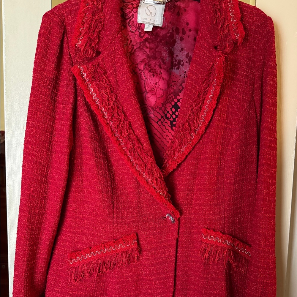 St. John Red Blazer with Fringe Trim and Textured Fabric